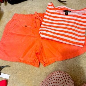 Tommy Bahama Coral Orange Drawstring Linen Shorts matching striped shirt